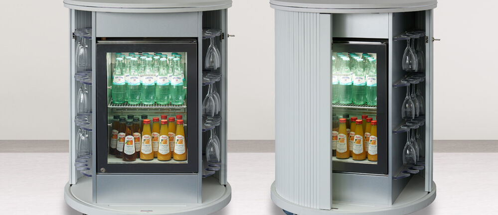 ISINGERMERZ, ISICooler, Getränkeinsel, Thekenbau, Minibar, Kühlpräsenter, mobile Verkostungsstation, Messe, Kongress, Konferenzraum, Hotel, Werkstatt, Schreinerei