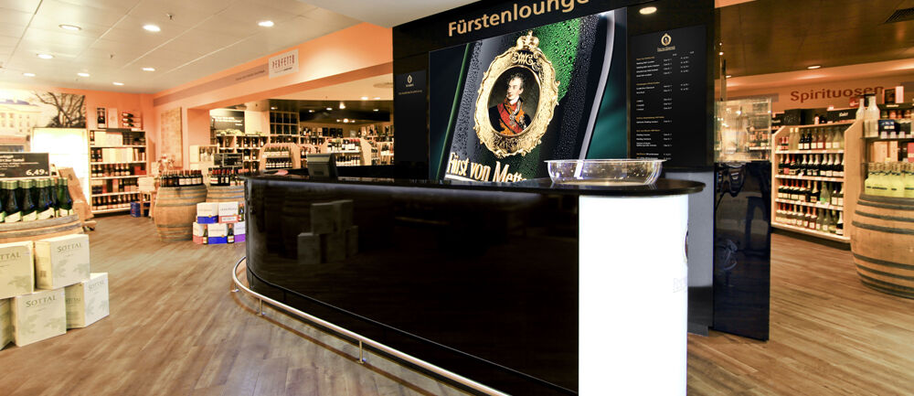 ISINGERMERZ, Werkstatt, Thekenbau, Henkell Sektkellerei, Fürst von Metternich Theke, Baranlage, Verkostungsanalge, Fürstenlounge, Karstadt-Filiale, Wiesbaden, Corporate Design